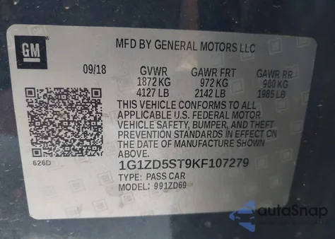 2019 Chevrolet Malibu Lt из США, поврежденный, VIN 1G1ZD5ST9KF107279